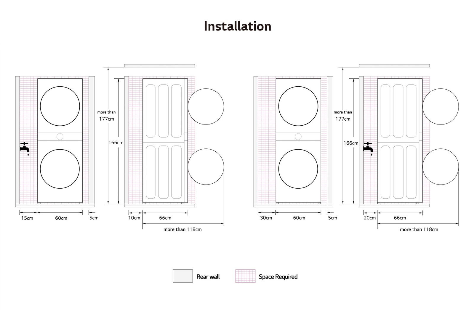 Technical installation guide for the LG WashTower, showing required clearances including 10cm from the rear wall and 5cm from the sides.