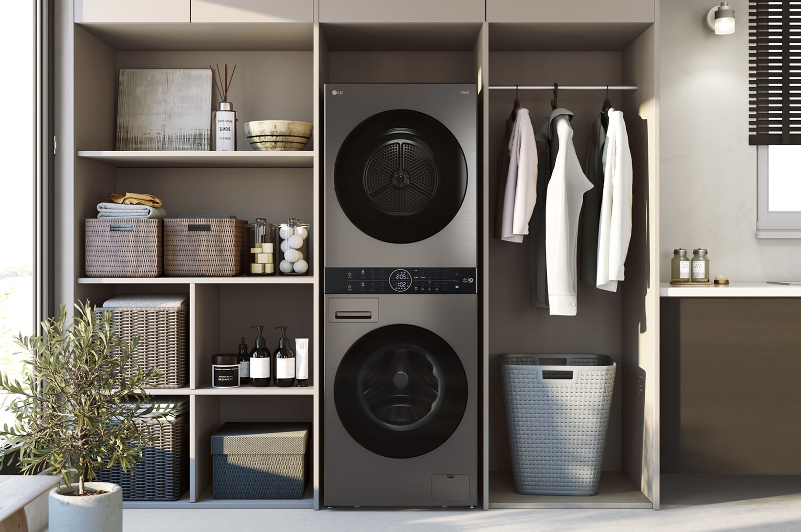 The LG WashTower WT1210BBTN1 in black, featuring its space-saving single-unit design installed in a modern laundry closet.