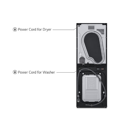 Rear view of the LG WashTower WT1210BBTN1 in black, showing the separate power cord connections for the washer and dryer units.