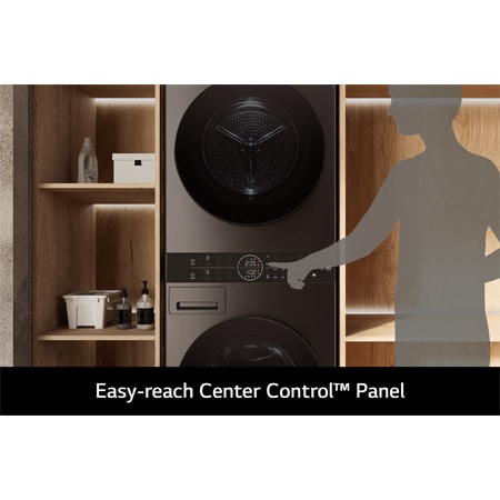 The LG WashTower WT1210BBTN1 in black, highlighting the all-in-one Center Control panel which is conveniently located for easy access.