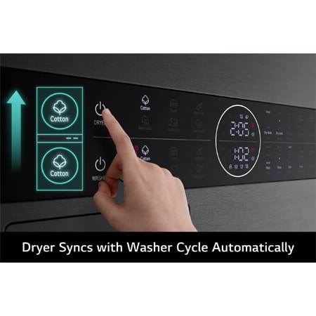 Close-up of the LG WashTower WT1210BBTN1's Smart Pairing feature, showing how it automatically syncs the dryer cycle to the selected wash cycle.
