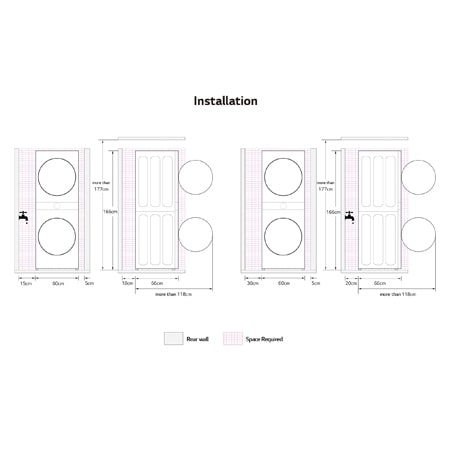 Technical installation guide for the LG WashTower, showing required clearances including 10cm from the rear wall and 5cm from the sides.