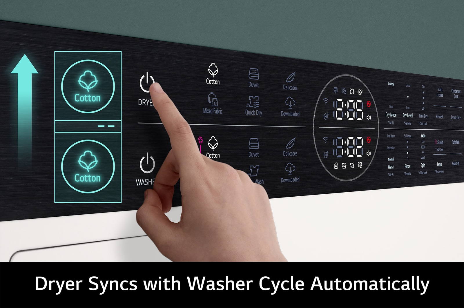 Close-up of the LG WashTower WT1210NBTN1's Smart Pairing feature, showing how it automatically syncs the dryer cycle to the selected wash cycle.