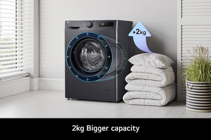The LG F4Y510GBLN1 washing machine in Slate Grey, highlighting its bigger 10kg capacity in the same standard-sized drum.