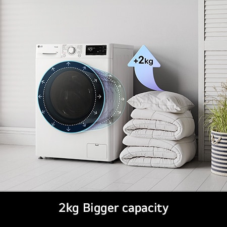 The LG F4Y511WWLA1 washing machine in white, highlighting its bigger 11kg capacity in the same standard-sized drum.