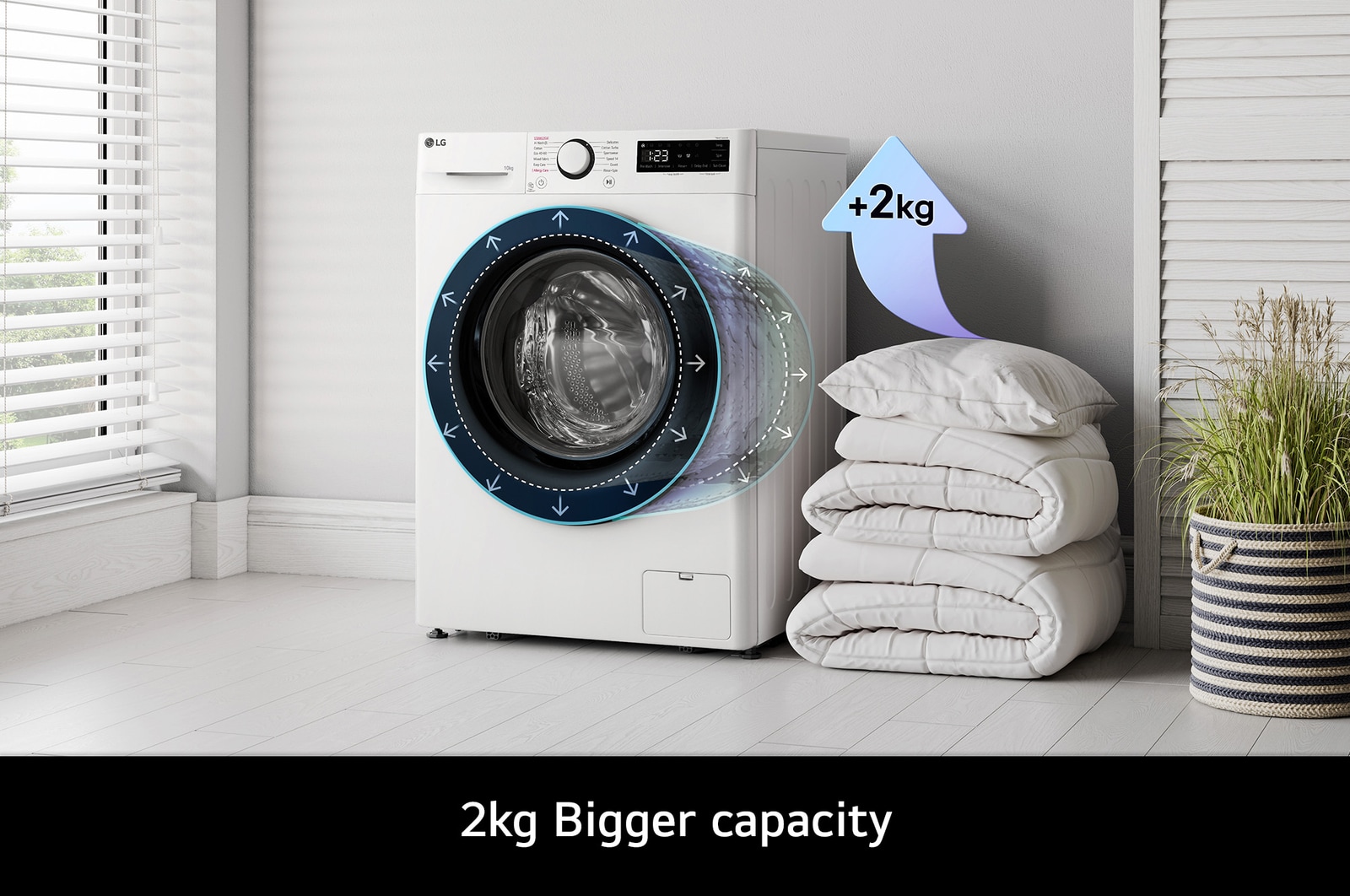 The LG F4Y510WBLN1 washing machine in white, highlighting its bigger 10kg capacity in the same standard-sized drum.
