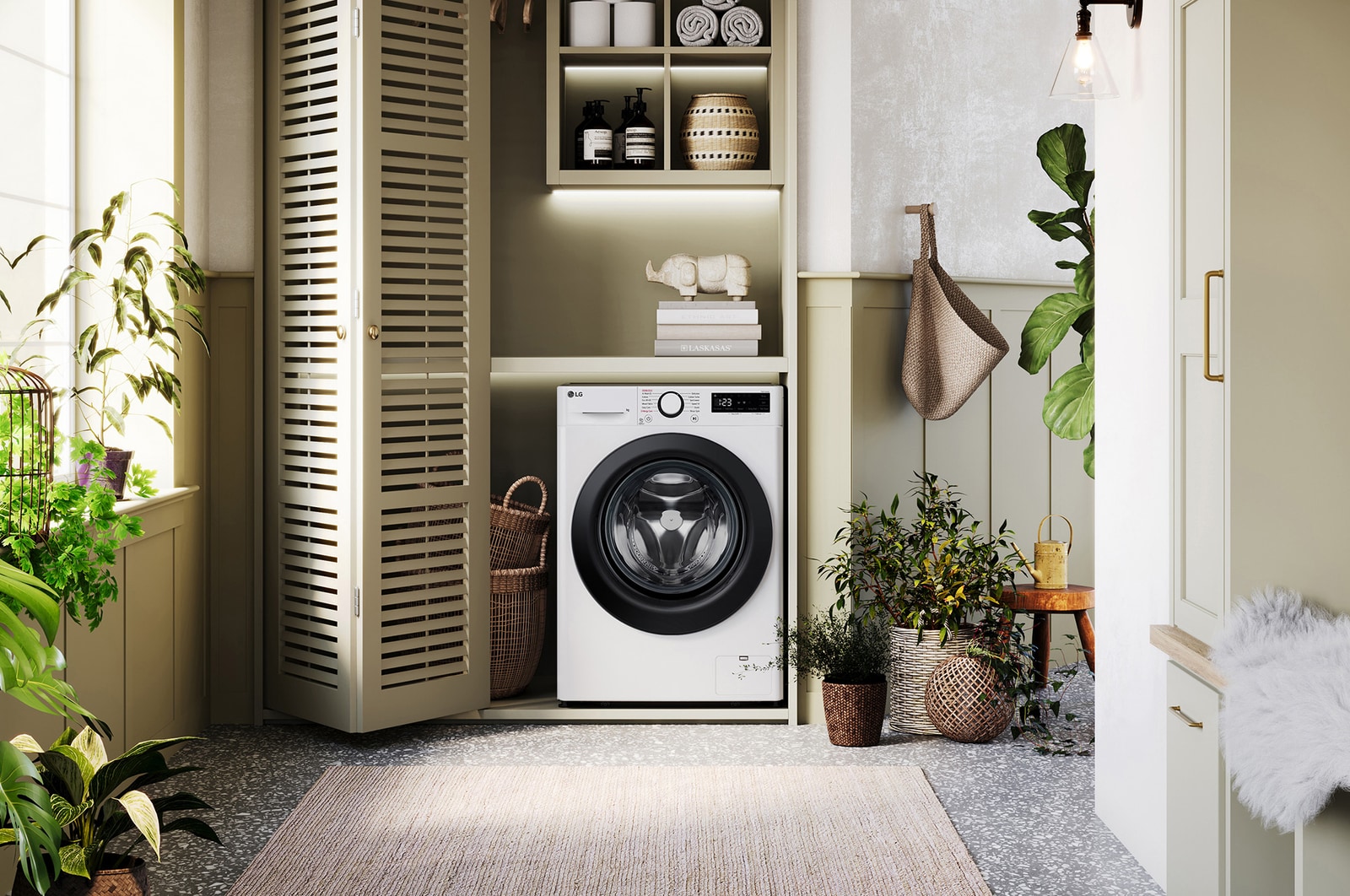 The white LG 10kg washing machine F4Y510WBLN1, featuring a distinctive black porthole ring, shown installed in a stylish, modern laundry closet.