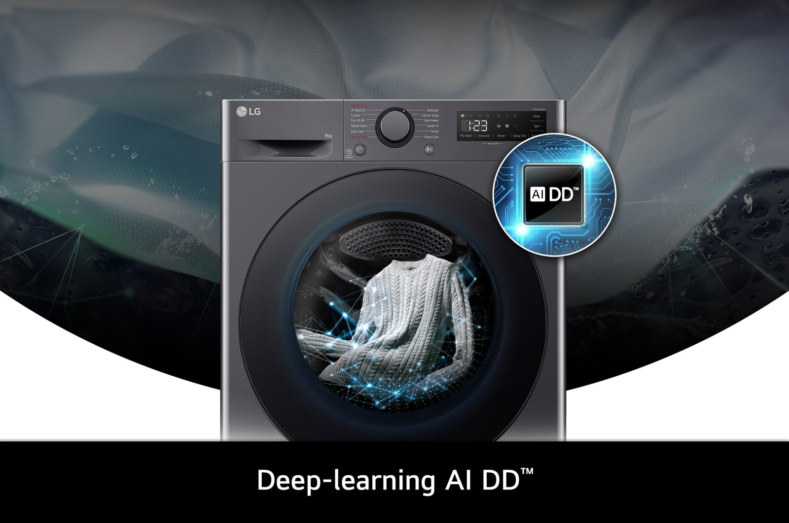 Close-up of the LG 9kg washing machine F2A509GBLN1 in Slate Grey, featuring its deep-learning AI DD™ technology for intelligent fabric care.