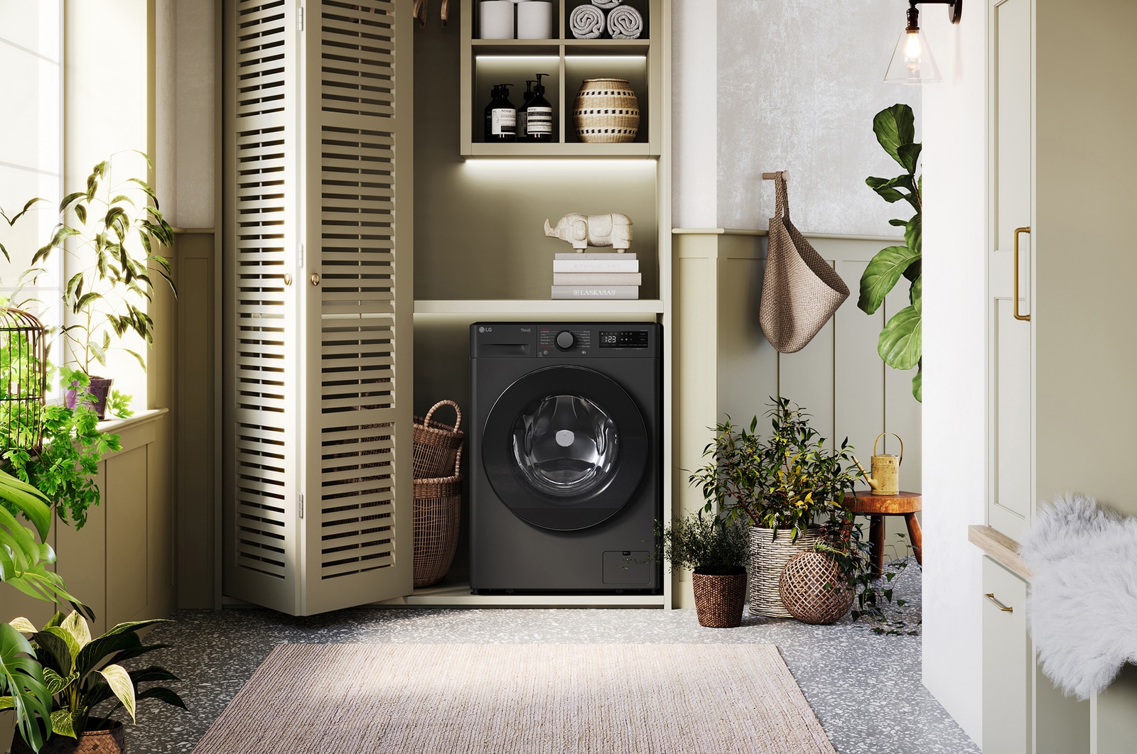 The LG 9kg Counter-Depth MAX™ washing machine F2A509GBLN1 in Slate Grey, installed in a stylish, modern laundry closet.