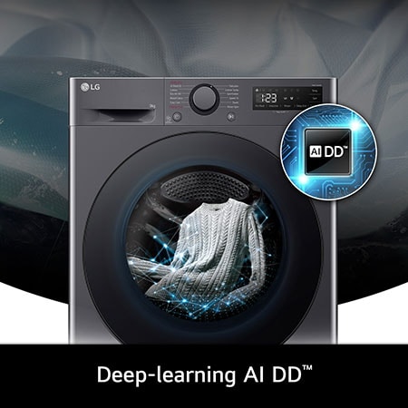 Close-up of the LG 9kg washing machine F2A509GBLN1 in Slate Grey, featuring its deep-learning AI DD™ technology for intelligent fabric care.