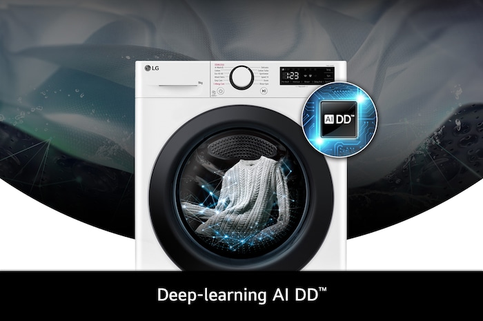 Close-up of the LG 9kg washing machine F2Y509WBLN1 in white, featuring its deep-learning AI DD™ technology for intelligent fabric care.