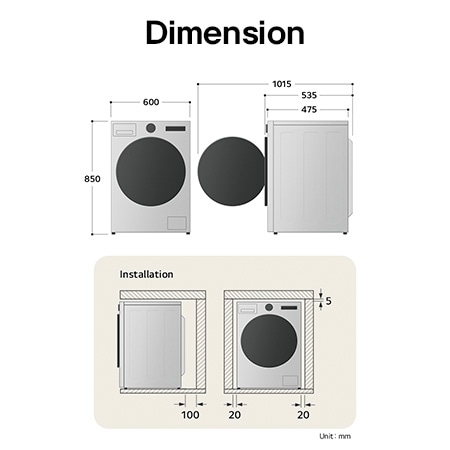 LG washing machine technical drawing: W 600, H 850, D 475mm (door open 1015mm), including installation clearances.