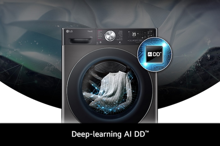 Close-up of the LG 13kg washing machine F4Y913BCTA1 in Platinum Black, featuring its deep-learning AI DD™ technology.