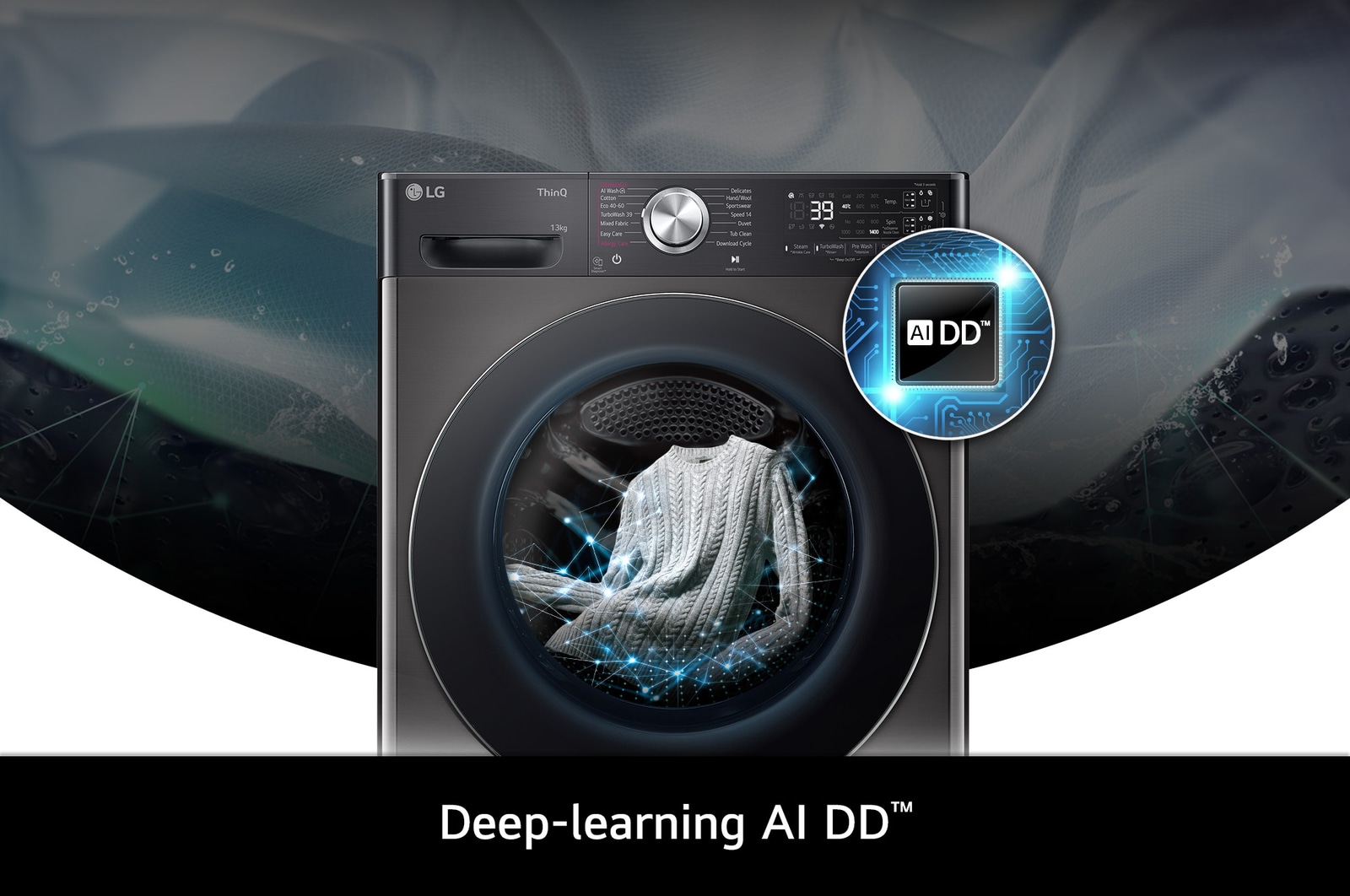 Close-up of the LG 13kg washing machine F4Y913BCTA1 in Platinum Black, featuring its deep-learning AI DD™ technology.