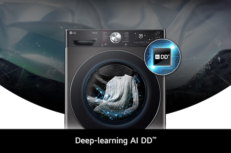 Close-up of the LG 13kg washing machine F4Y913BCTA1 in Platinum Black, featuring its deep-learning AI DD™ technology.