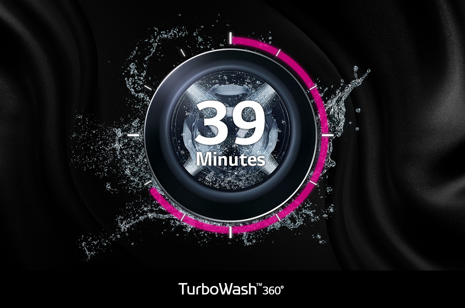 Graphic of the LG F4Y913BCTA1 washing machine's TurboWash™ 360° feature, which provides a thorough clean in just 39 minutes.