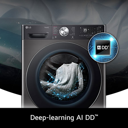 Close-up of the LG 13kg washing machine F4Y913BCTA1 in Platinum Black, featuring its deep-learning AI DD™ technology.