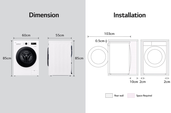 LG washing machine dimensions graphic: W 60, H 85, D 55cm (door open 103cm), including installation clearances.
