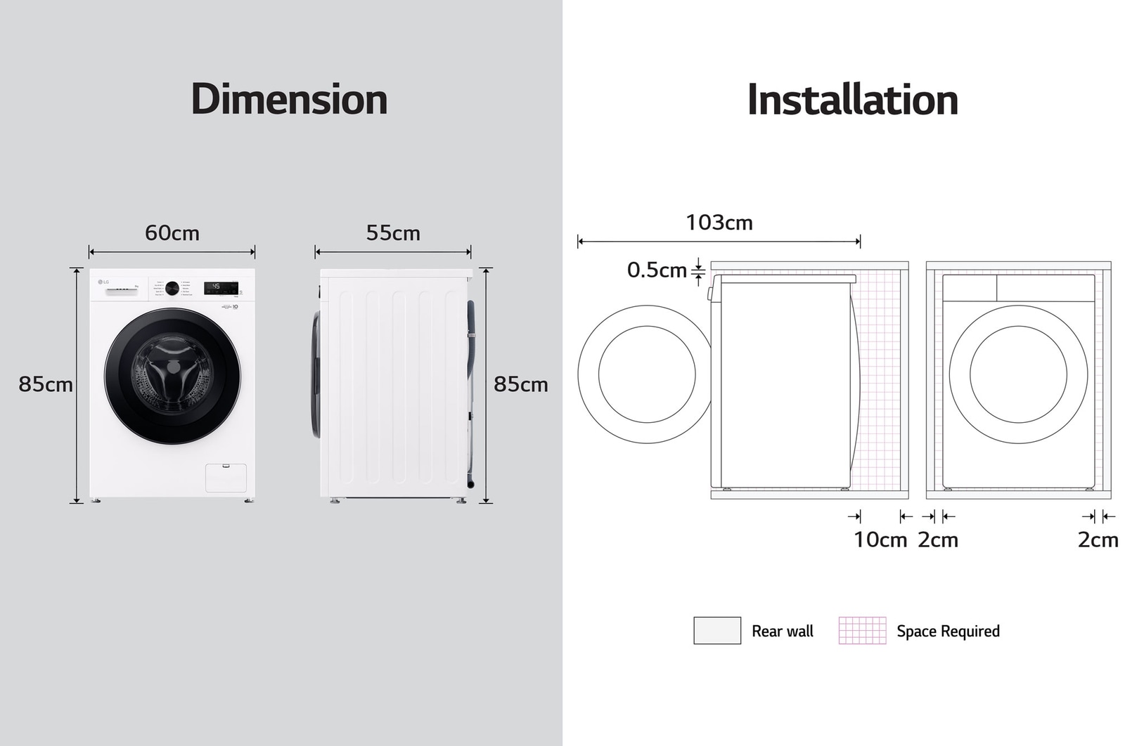 LG washing machine dimensions graphic: W 60, H 85, D 55cm (door open 103cm), including installation clearances.