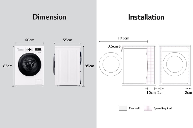 LG washing machine dimensions graphic: W 60, H 85, D 55cm (door open 103cm), including installation clearances.