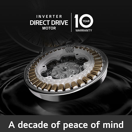 Close-up of the Inverter Direct Drive™ motor in the LG F4X1008NWK 9kg washing machine, highlighting its durable design and 10-year warranty.