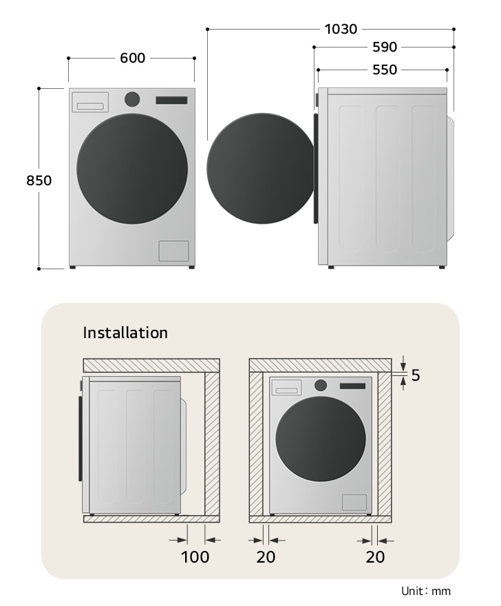 LG washing machine technical drawing: W 600, H 850, D 550mm (door open 1030mm), including installation clearances.
