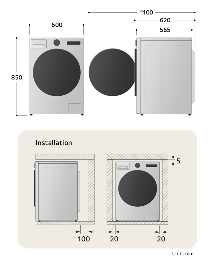 LG washing machine technical drawing: W 600, H 850, D 565mm (door open 1100mm), including installation clearances.
