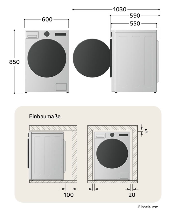 LG washing machine technical drawing: W 600, H 850, D 550mm (door open 1030mm), including installation clearances.