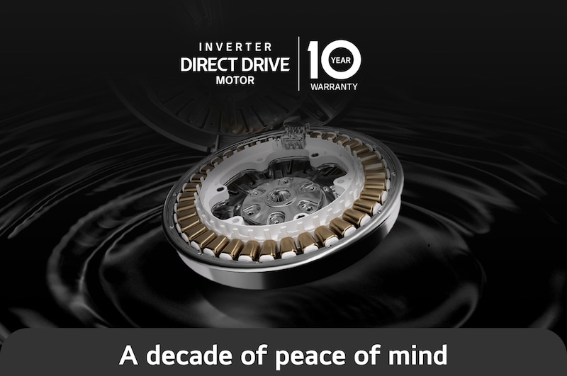 Close-up of the Inverter Direct Drive™ motor in the LG W4X1095NWK washer-dryer, highlighting its durable design and 10-year warranty.