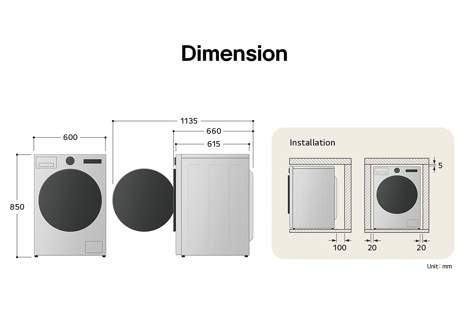 LG washing machine technical drawing: W 600, H 850, D 615mm (door open 1135mm), including installation clearances.