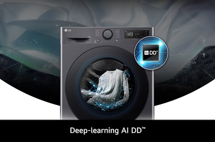 Close-up of the LG 13kg washing machine F4Y513GBLN1 in Slate Grey, featuring its deep-learning AI DD™ technology for intelligent fabric care.