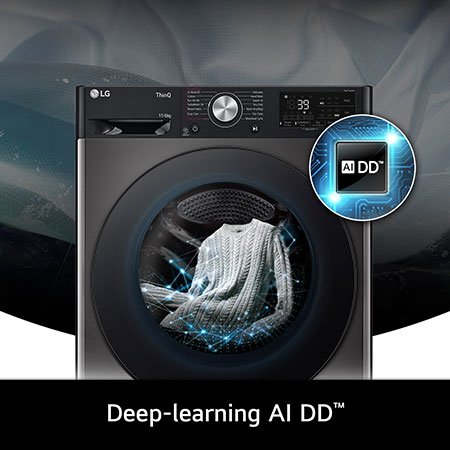 Close-up of the LG 11kg/6kg washer-dryer FWY916BBTN1 in Platinum Black, featuring its deep-learning AI DD™ technology.