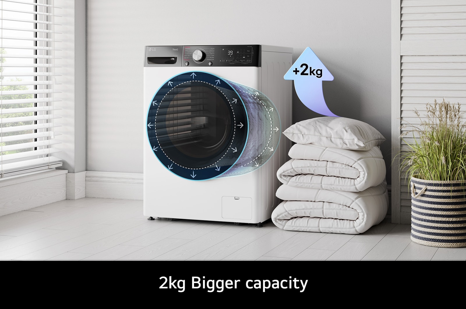 The LG FWY916WBTN1 washer-dryer in white, highlighting its bigger 11kg wash capacity in the same standard-sized drum.