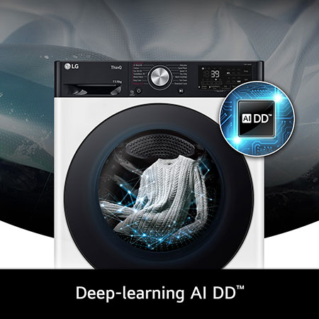 Close-up of the LG 11kg/6kg washer-dryer FWY916WBTN1 in white, featuring its deep-learning AI DD™ technology.