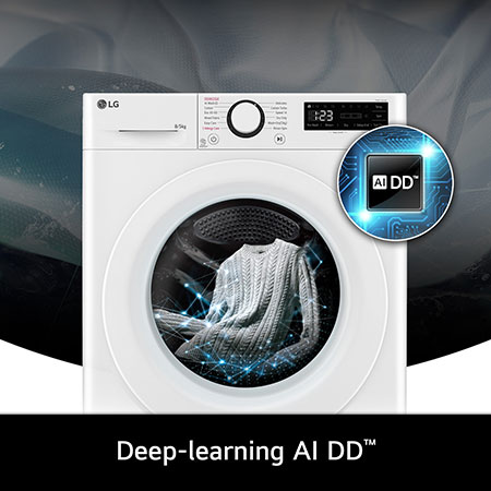 Close-up of the LG 8kg/5kg washer-dryer FWY385WWLN1 in white, featuring its deep-learning AI DD™ technology.
