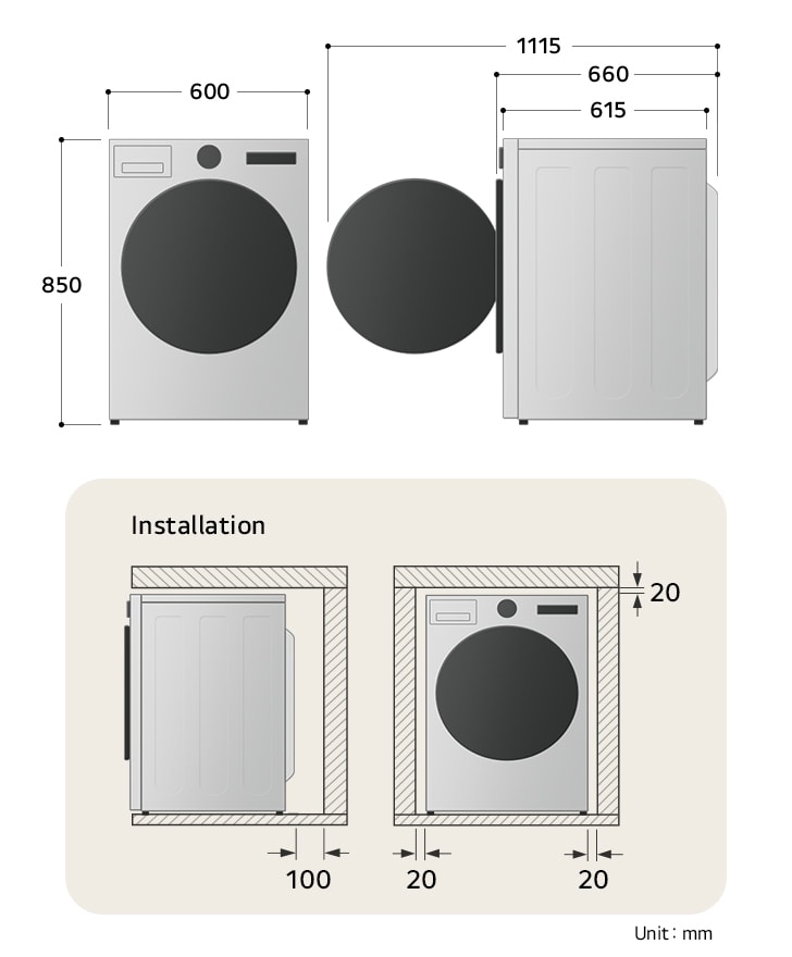 LG dryer technical drawing: W 600, H 850, D 615mm (door open 1115mm), including installation clearances.