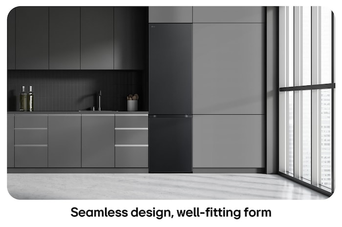 LG Fridge Freezer GBV5240CEP in Essence Matte Black, showing the 203 cm tall Flat Door Design and seamless integration into the dark grey kitchen cabinets.