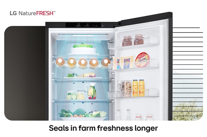 LG Fridge Freezer GBV5240CEP showing NatureFRESH interior with wine rack and fresh produce drawers for long-lasting freshness.