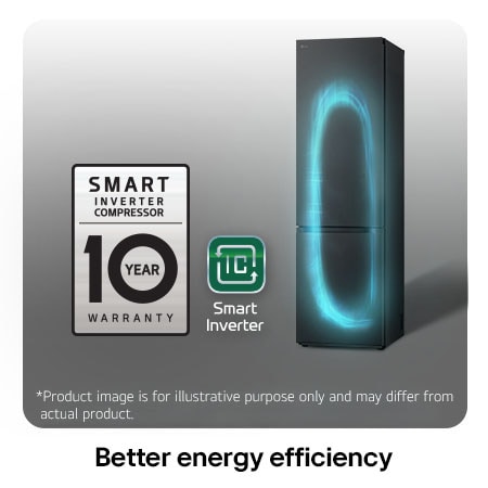 LG Fridge Freezer GBV5240CEP featuring the Smart Inverter Compressor logo, highlighting the 10-year warranty and improved energy efficiency.