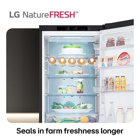 LG Fridge Freezer GBV5240CEP showing NatureFRESH interior with wine rack and fresh produce drawers for long-lasting freshness.