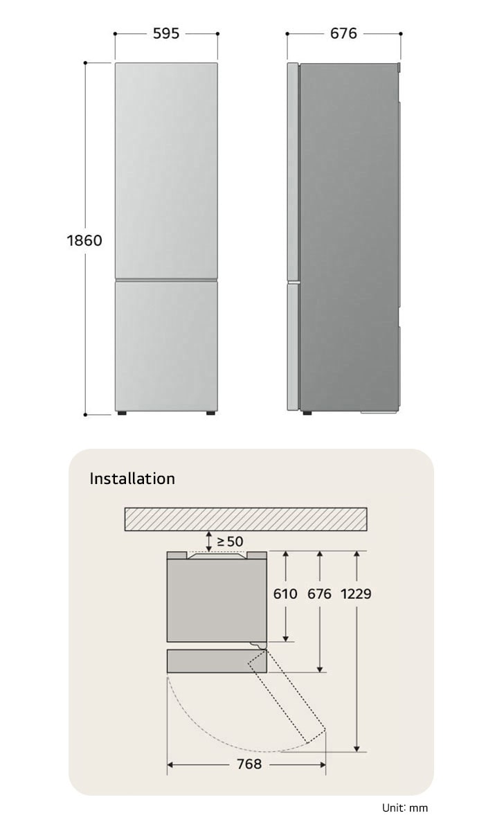 LG Fridge Freezer GBG5160CEV technical drawing: H 1860, W 595, D 676 mm including installation dimensions and required clearances.