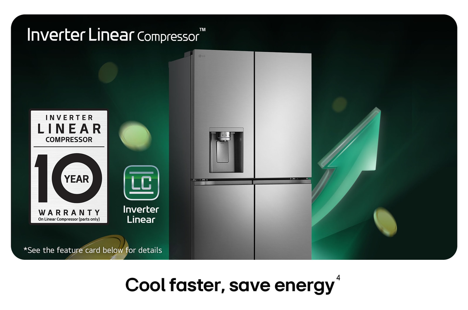 LG Multi-Door Refrigerator GML960PYFE in a silver finish, showcasing the Inverter Linear Compressor™ technology and a 10-year warranty for quiet, energy-efficient operation.