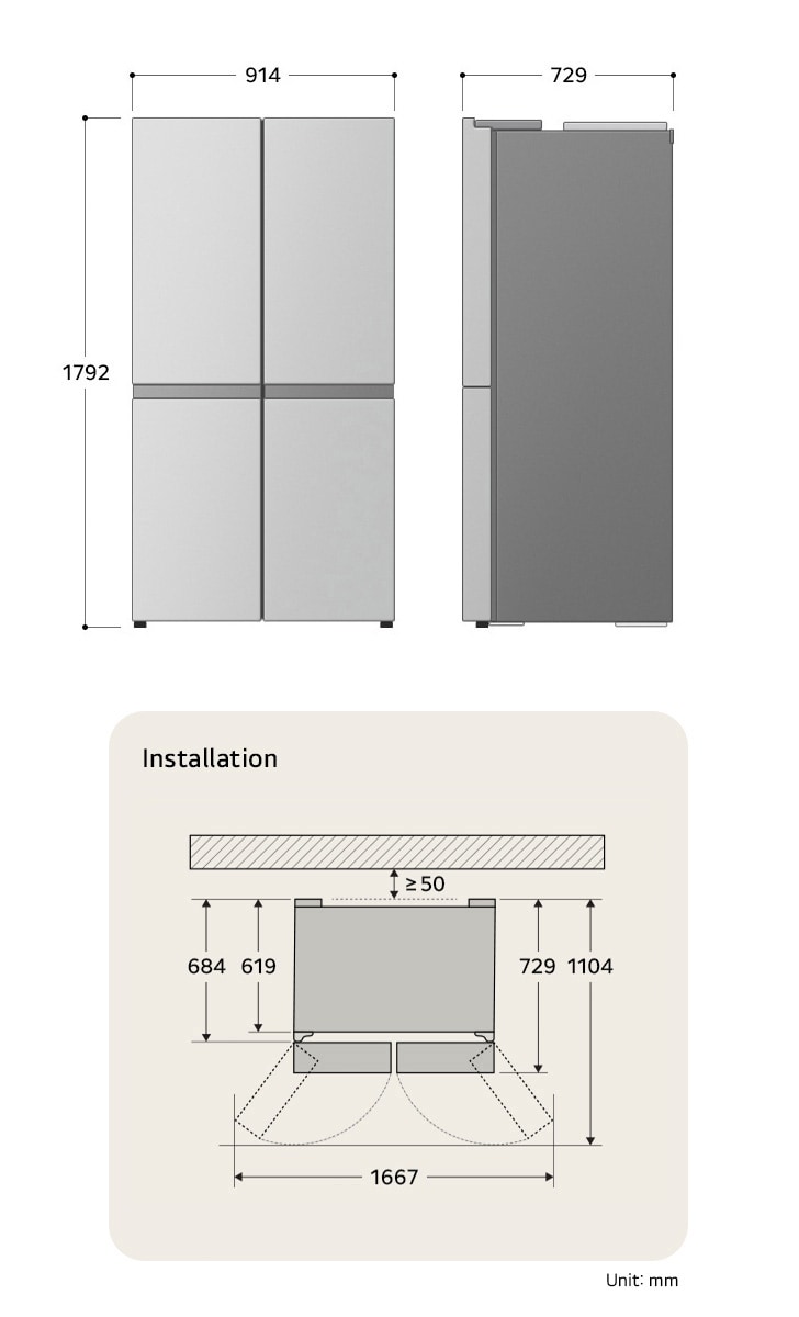 LG Multi-Door Refrigerator GMK960EV2E displaying the detailed installation dimensions and product size, including a height of 1792 mm, width of 914 mm, and depth of 729 mm.