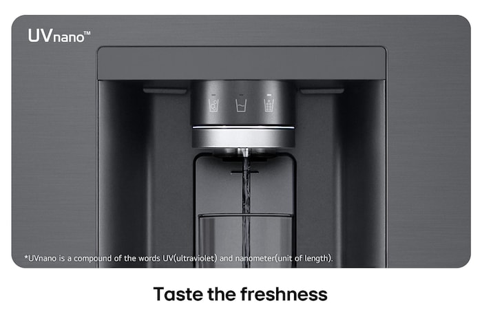 Close-up of the dispenser on the LG Multi-Door Refrigerator GMK960EV2E in matte black steel, highlighting the UVnano™ technology that uses UV light to clean the water nozzle.