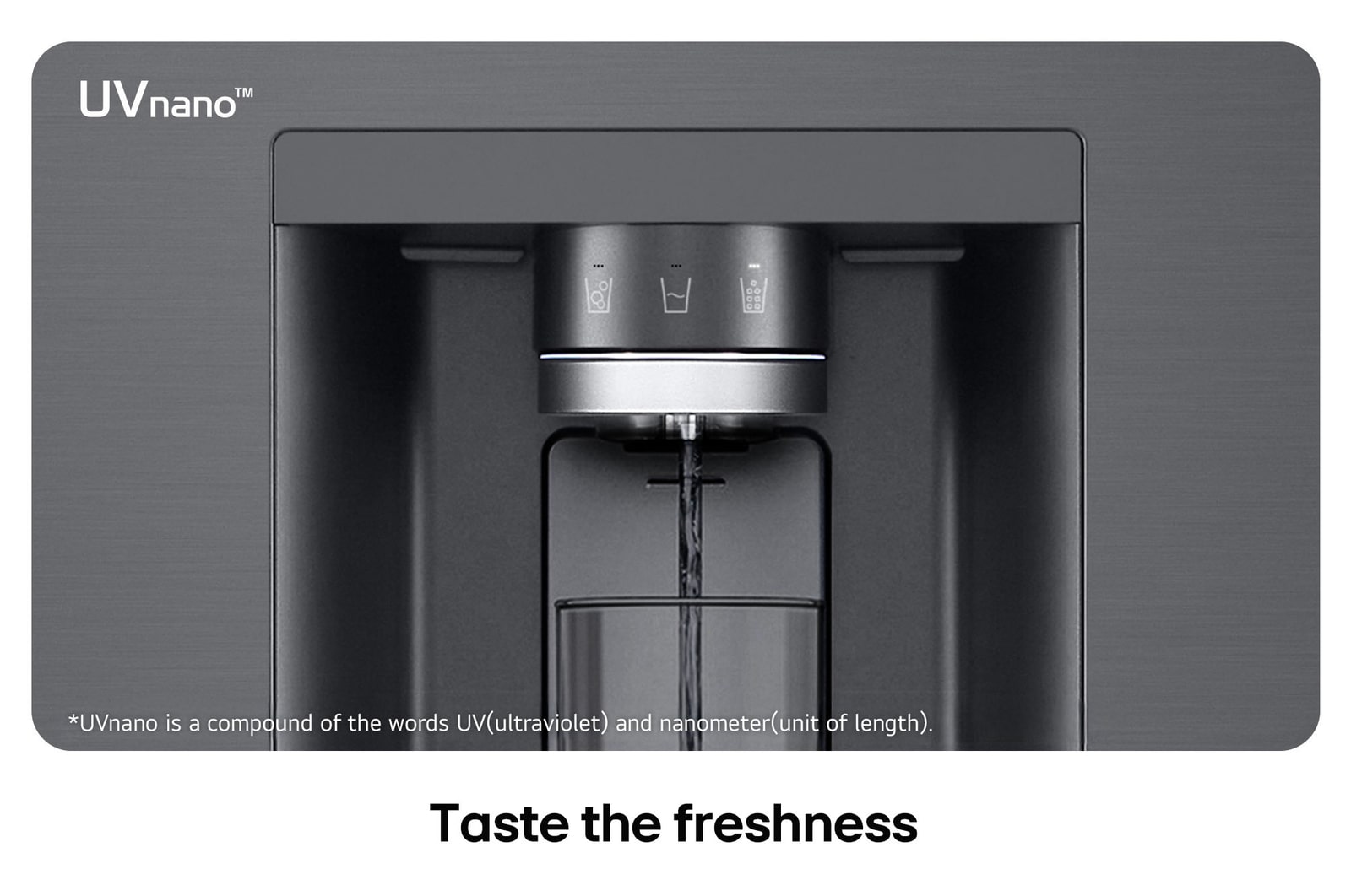 Close-up of the dispenser on the LG Multi-Door Refrigerator GMK960EV2E in matte black steel, highlighting the UVnano™ technology that uses UV light to clean the water nozzle.