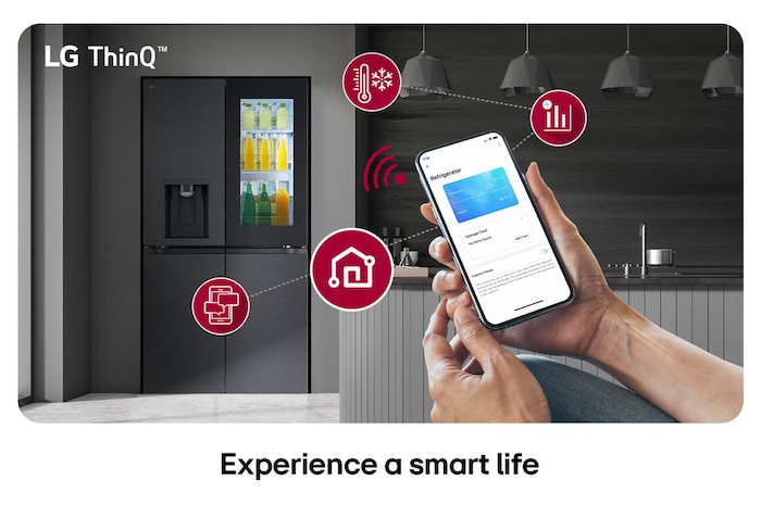LG Multi-Door Refrigerator GMK960EV2E in a matte black finish, controlled remotely by hands adjusting the settings via the LG ThinQ™application on a smartphone.
