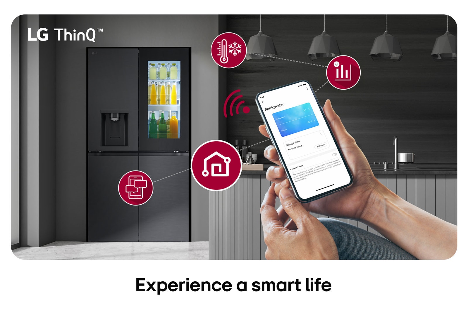 LG Multi-Door Refrigerator GMK960EV2E in a matte black finish, controlled remotely by hands adjusting the settings via the LG ThinQ™application on a smartphone.