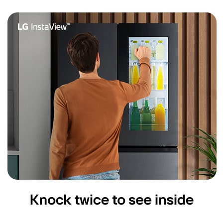 LG Multi-Door Refrigerator GMK960EV2E in a matte black finish, featuring the InstaView™ Door-in-Door® that allows a person to access beverages without opening the main compartment.