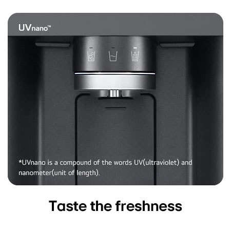 Close-up of the dispenser on the LG Multi-Door Refrigerator GMK960EV2E in matte black steel, highlighting the UVnano™ technology that uses UV light to clean the water nozzle.