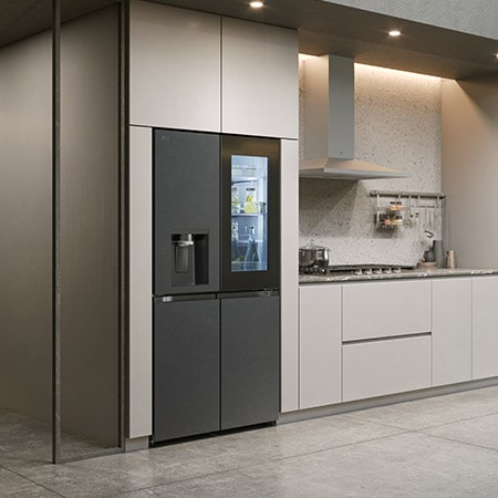 LG Multi-Door Refrigerator GMK960EV2E in a matte black steel finish, seamlessly integrated into a modern, minimalist kitchen with light grey cabinets, showcasing its sleek design.